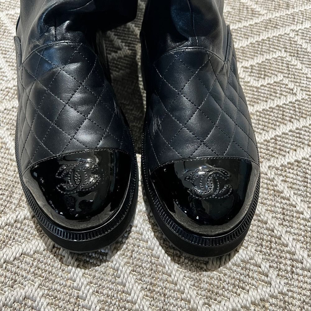 CHANEL 21B Quilted Leather Knit Sock Socks Out High Over Knee Tall Boots 39 - Picture 6 of 10